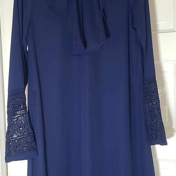 SHEIN Navy Smocked Midi Dress Ruffle Collar Lace Trim XS - Picture 8 of 17